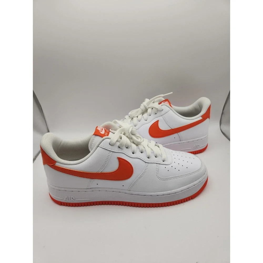 Nike Air Force 1 Low Top Men's Sneaker White/Orange Leather Lace-Up Rubber 9 1/2